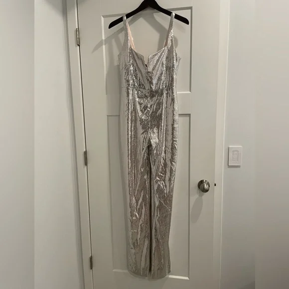 New Galvan London Silver Sequin Jumpsuit Size